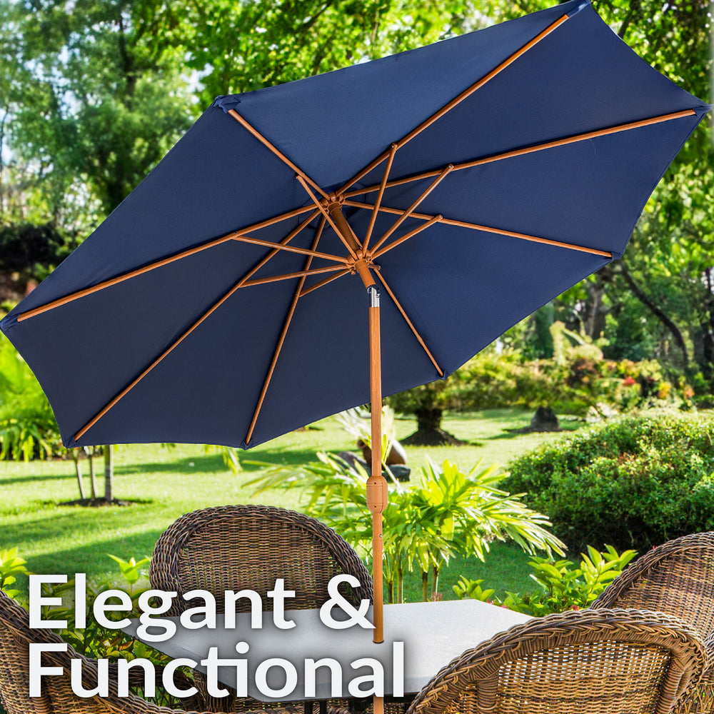 Sunnydaze 8.5 ft Faux Woodgrain Patio Umbrella Navy push button tilt detail