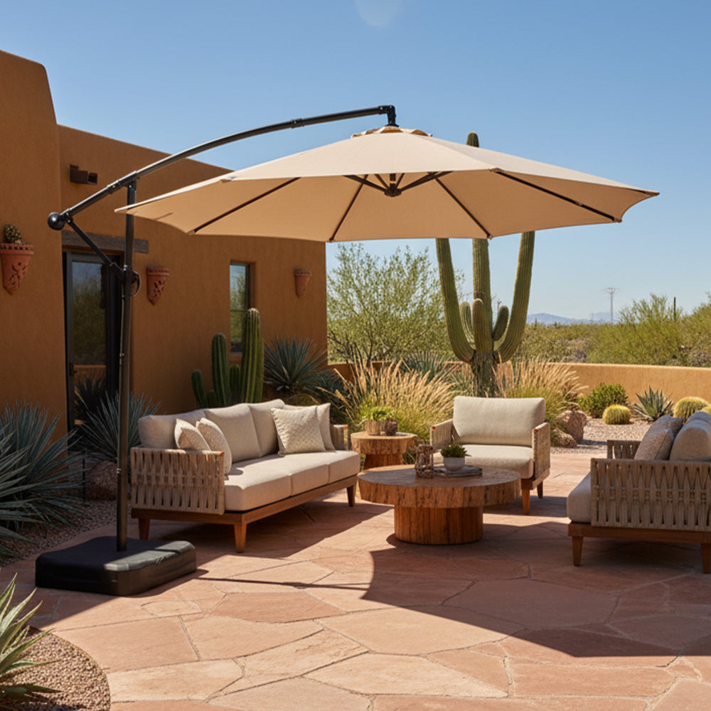 Sunnydaze 10 ft Offset Patio Umbrella with Base Beige lifestyle outdoor