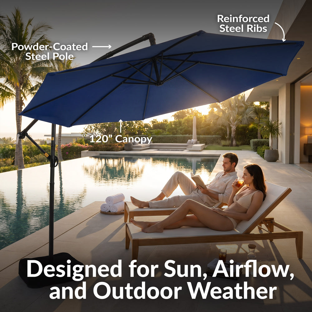 Sunnydaze 10 ft Offset Patio Umbrella with Base Navy crank detail