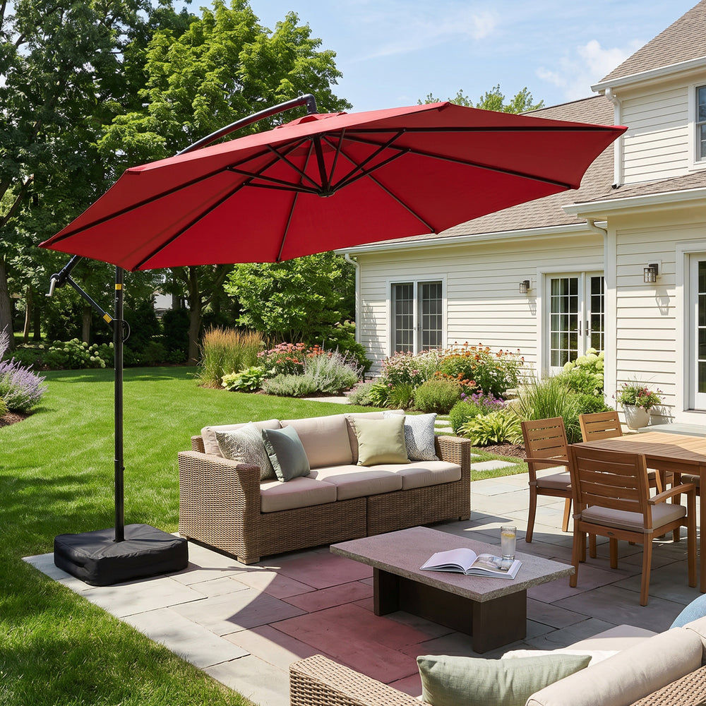 Sunnydaze 10 ft Offset Patio Umbrella with Base Red lifestyle outdoor