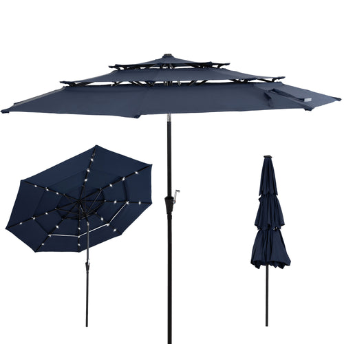 Sunnydaze 10 ft 3-Tier Solar LED Market Umbrella Navy product shot