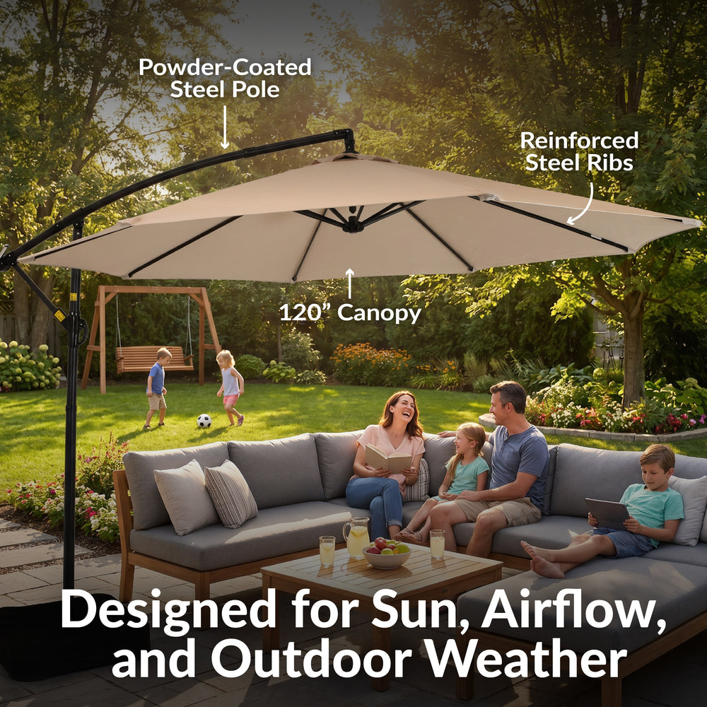 Sunnydaze 10 ft Offset Patio Umbrella with Base Beige crank detail