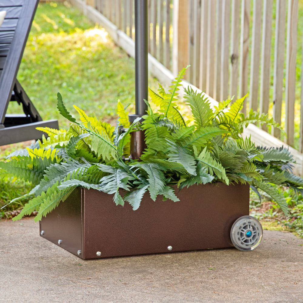 Sunnydaze Umbrella Stand Planter with Wheels Bronze lifestyle outdoor
