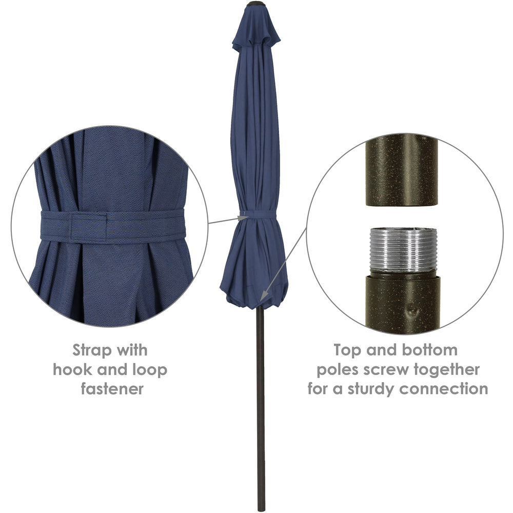 Sunnydaze 9 ft Spun-Poly Market Umbrella Navy Blue in use on patio